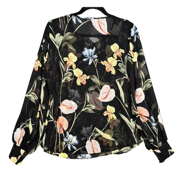NEW White House Black Market Black Floral Blouse MED Sheer Lined Balloon Sleeve - Picture 4 of 13